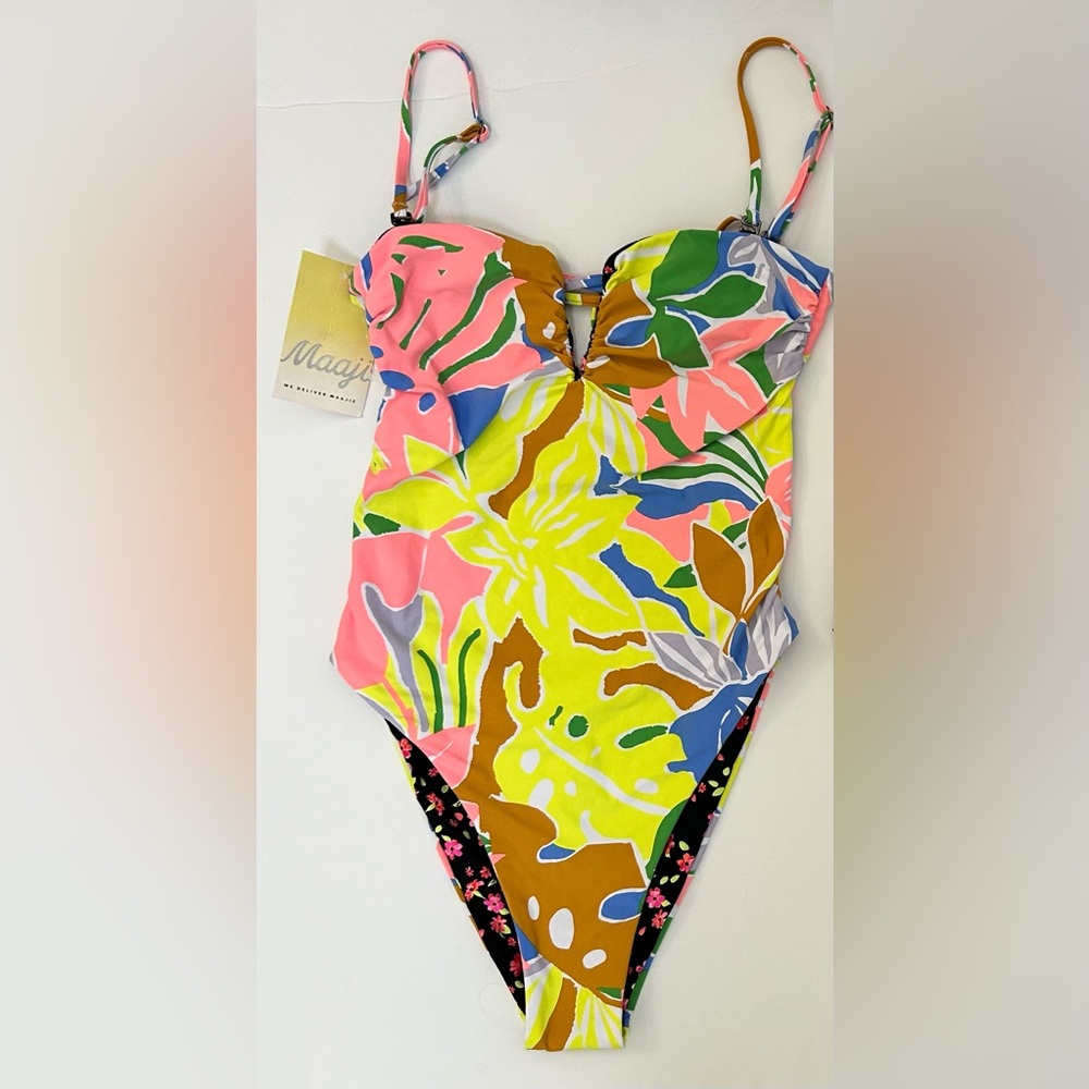 Maaji NWT One piece Swimsuit Medium Reversible Yellow Tropical Black Floral